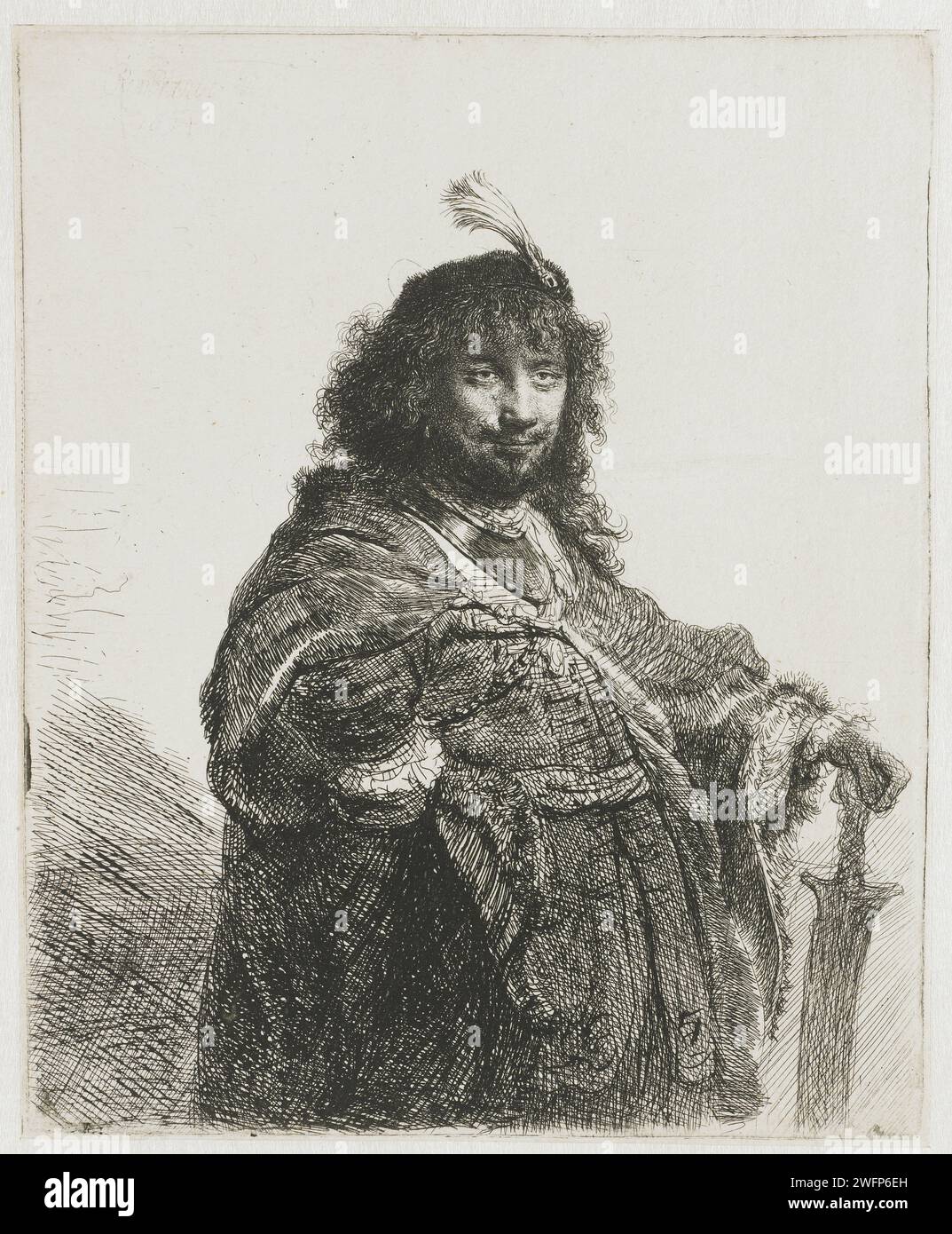 Autoportrait (?) Avec Plumed Cap, Rembrandt van Rijn, gravure sur papier imprimé 1634 Banque D'Images