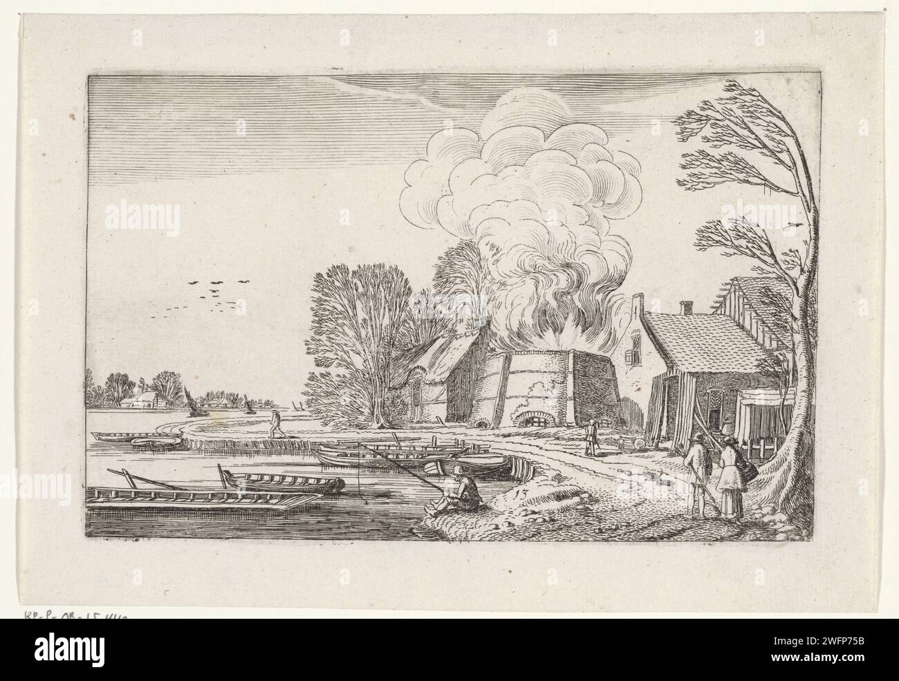Figures dans un four à chaux, Jan van de Velde (II), 1616 imprime Un nuage de fumée s'élève d'un four à chaux en feu. Sur la gauche une rivière avec des bateaux à rames et une canne. Treizième tirage d'une série de seize. Nord des pays-Bas gravure de papier à la chaux. pêche à la ligne Banque D'Images