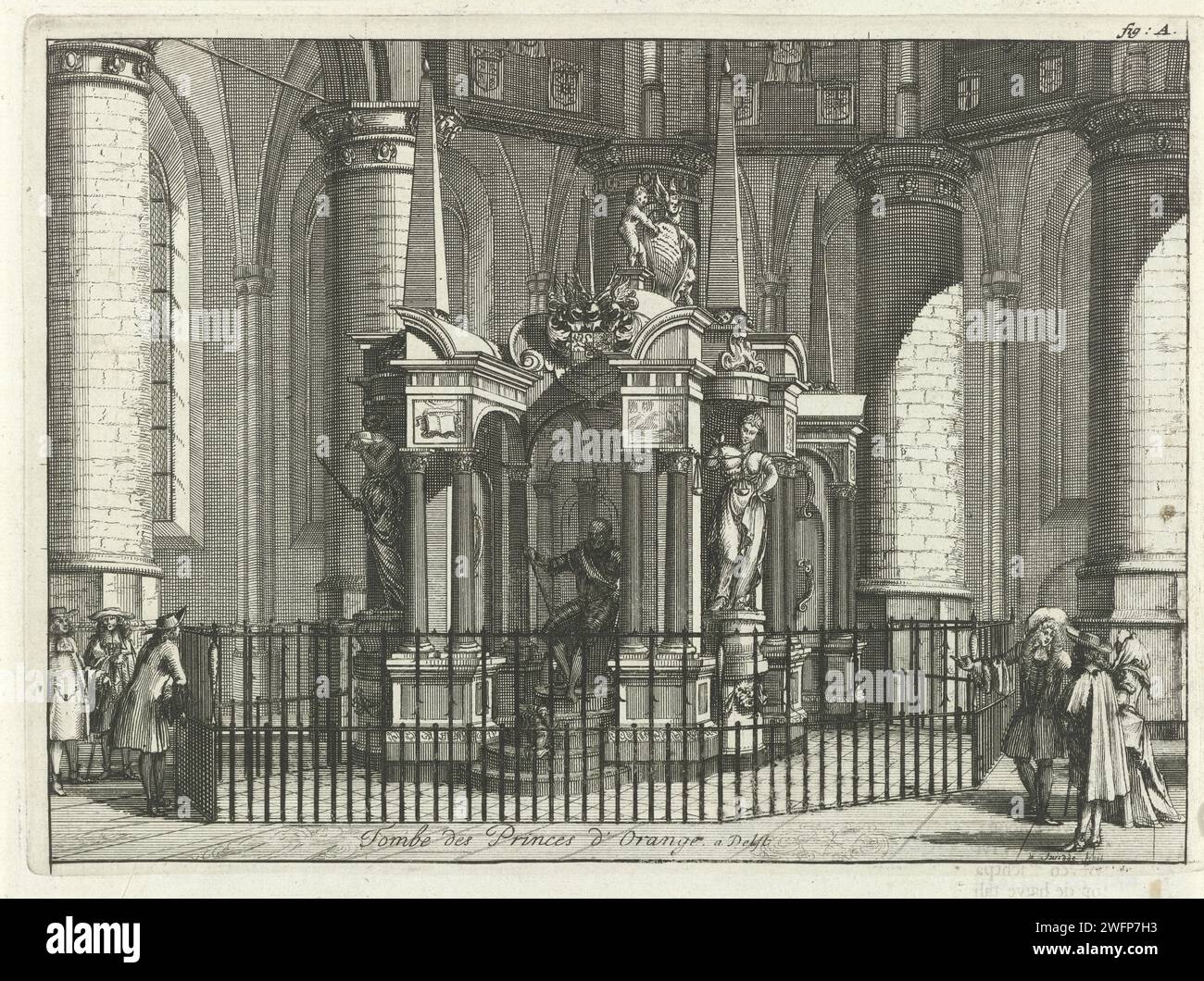 Graftombe de Willem Ier, Prince d'Orange, 1623, Willem Swidde, 1690 estampe Graftombe ou Praalgraf de Willem Ier dans la Nieuwe Kerk de Delft, achevée en 1623. Vu de face avec l'image du prince assis. Avec des visiteurs autour de la clôture. En haut à droite 'Fig : A.'. Gravure de papier Amsterdam tombe-bâtiment, tombe monumentale. intérieur de l'église. Personnes historiques Nouvelle église. Delft Banque D'Images