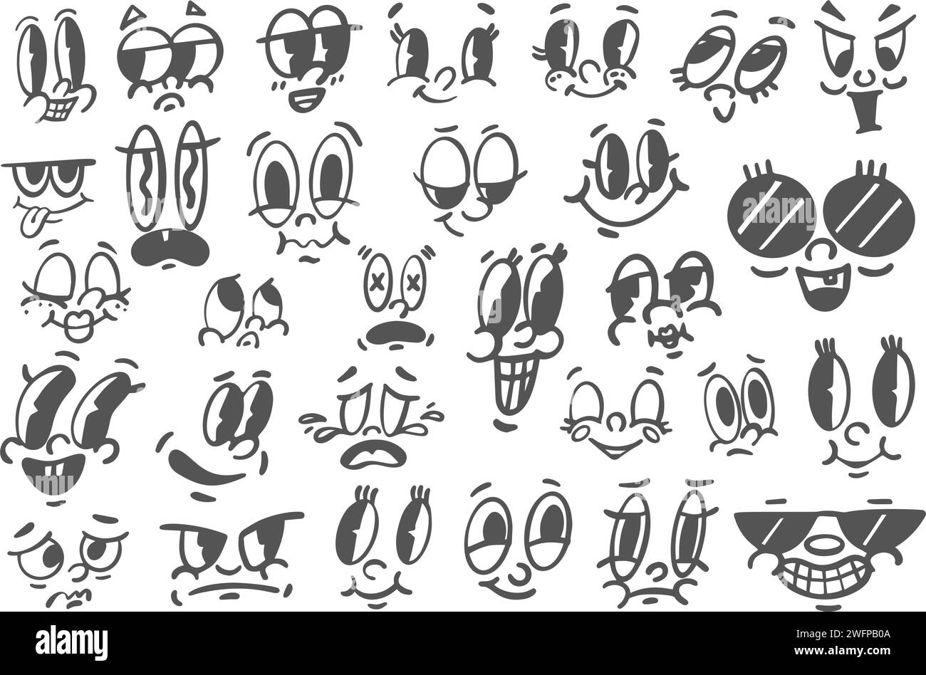 Visages rétro de dessin animé. Mascotte mignonne comique avec des expressions drôles souriantes et en colère. Vieux personnages caricaturaux des années 50. Vecteur Illustration de Vecteur