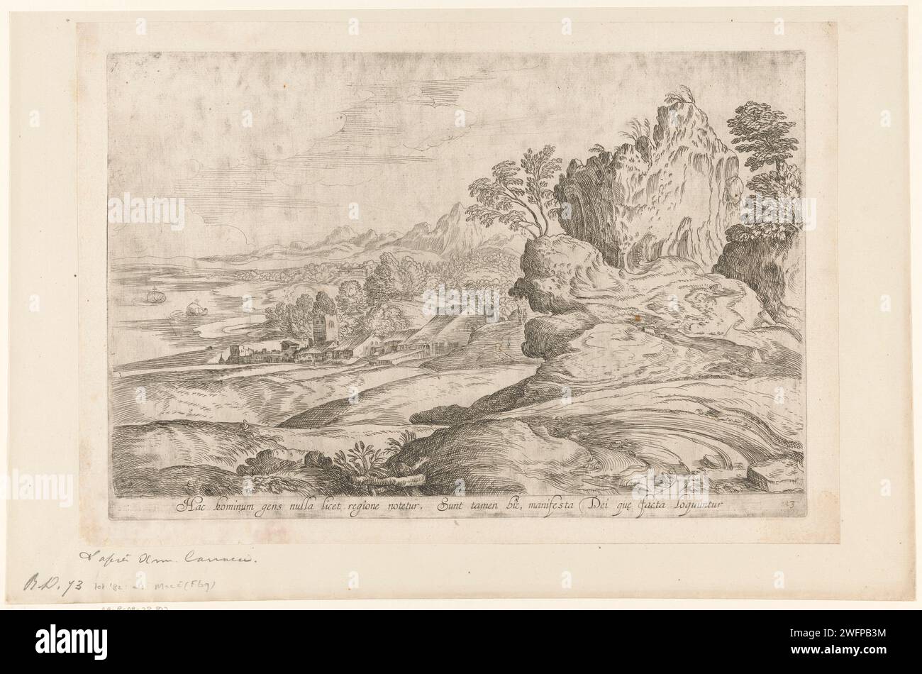 Paysage avec des bâtiments sur le Waterkant, Anonyme, d'après Domenico Campagnola, d'après Titien, c. 1600 - c. 1699 imprimer Paysage côtier avec quelques maisons sur le front de mer. Collines intérieures. Titre en latin en STUDMARGE. Italie papier gravure des paysages. côte Banque D'Images