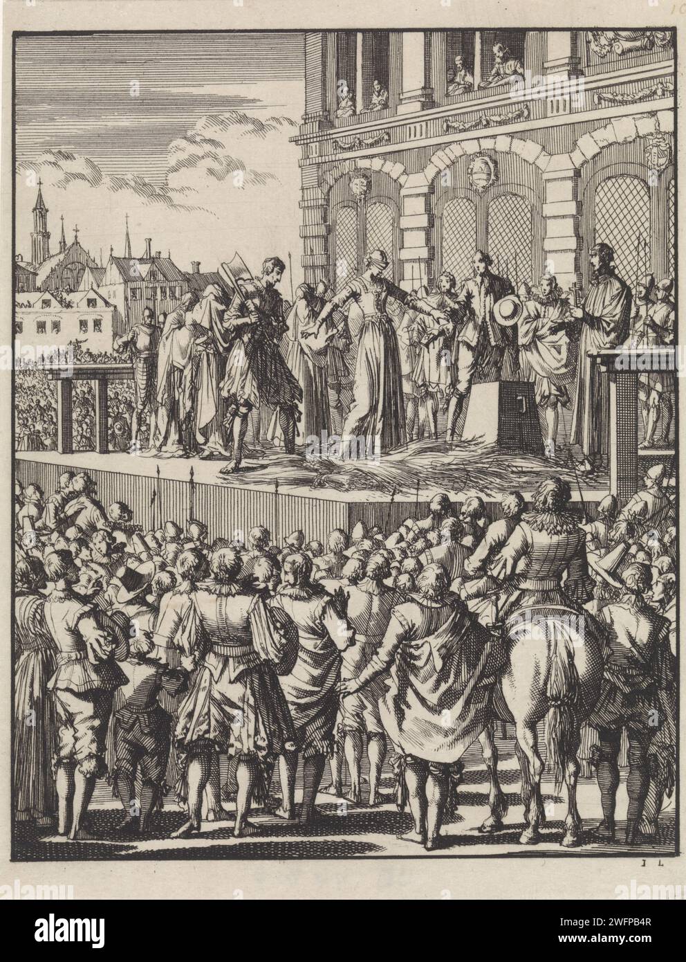 Decapitation of Lady Jane Gray in London, 1554, Jan Luyken, 1698 print Amsterdam paper graving violent Death by Beeting Tower of London Banque D'Images