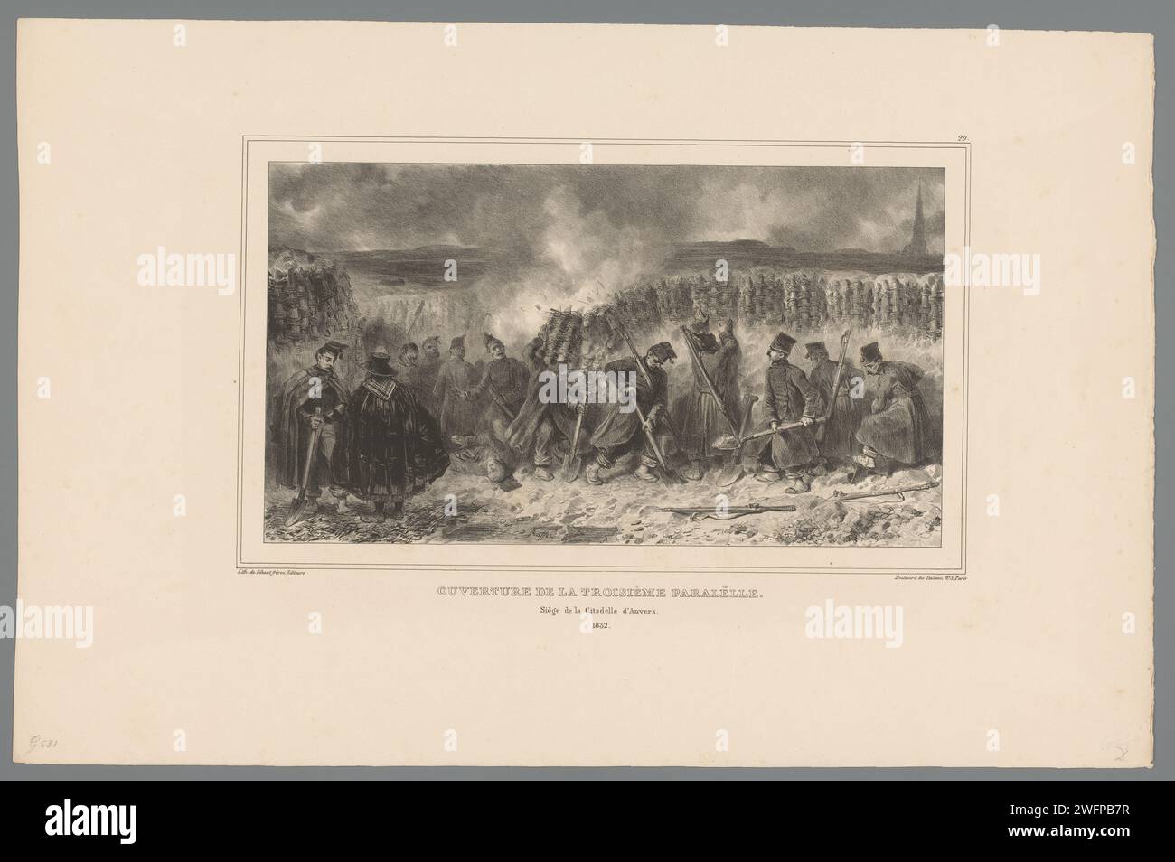 Des soldats creusent une tranchée, 1832, Denis Auguste Marie Raffet, 1833 estampes des soldats creusent une tranchée derrière une palissade. Une tour d'église à droite en arrière-plan. Partie de la série de 24 estampes sur le siège de la Citadelle d'Anvers, du 30 novembre au 23 décembre 1832. Siège en papier de Paris, guerre de position. le soldat ; la vie du soldat. palissade. tranchées. Fortifications temporaires Citadelle d'Anvers (19e siècle) Banque D'Images