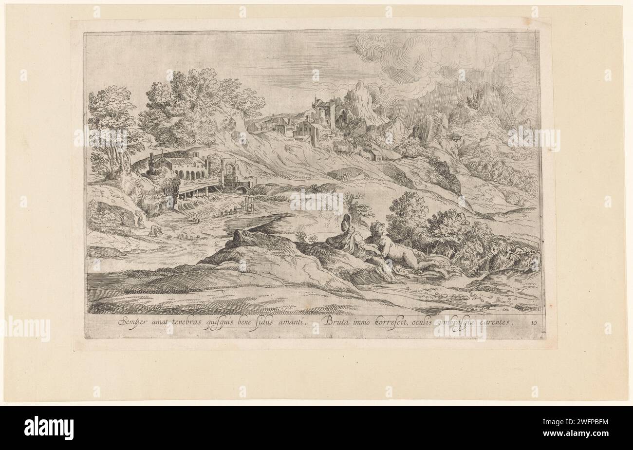 Paysage avec couple affectueux, anonyme, d'après Domenico Campagnola, d'après Titien, c. 1600 - c. 1699 imprimer paysage vallonné avec des bâtiments, un ruisseau et au premier plan un couple affectueux avec un troupeau de chèvres. Titre en latin en STUDMARGE. Numéroté ci-dessous : 10. Italie papier gravure des paysages. couple d'amoureux. he-goat, billy-goat Banque D'Images