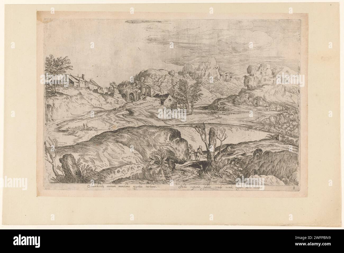 Paysage avec deux pèlerins, Anonyme, d'après Domenico Campagnola, d'après Titien, c. 1600 - c. 1699 impression paysage vallonné avec un village sur la gauche. Au premier plan à droite deux pèlerins. Titre en latin en STUDMARGE. Numéroté ci-dessous : 8. Italie papier gravure des paysages. pèlerin(s). pèlerinage, pèlerin(s) en cours Banque D'Images