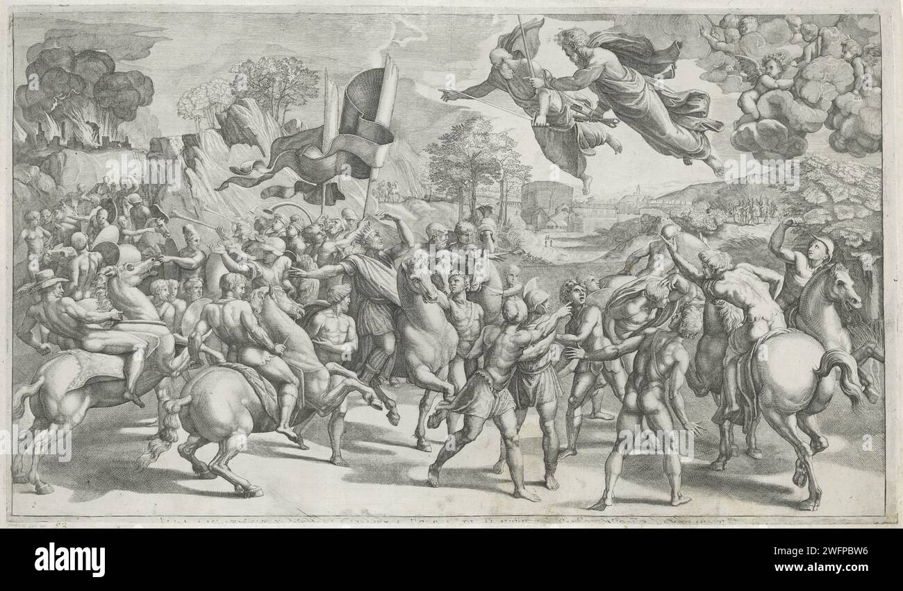 Atilla pour la ville de Rome, Anonyme, d'après Giulio Romano, d'après Rafaël, en ou après 1514 imprimer le pape Léon le Grand et son entourage rencontrent Attila leurs et ses soldats à l'extérieur des murs de Rome. Le pape pointe atilla sur les deux apôtres Pierre et Paul dans les airs, qui protègent Rome. Imprimeur : Italiaaprès peinture par : Vaticaanstadafter peinture par : Vaticaanstadafter conception par : Vaticaanstad gravure sur papier / gravure pape Léon le Grand rencontre Attila en dehors des murs de Rome, et lui indique les deux apôtres Saint Peter et St. Paul, apparaissant dans le ciel comme protecteurs de Rome Banque D'Images