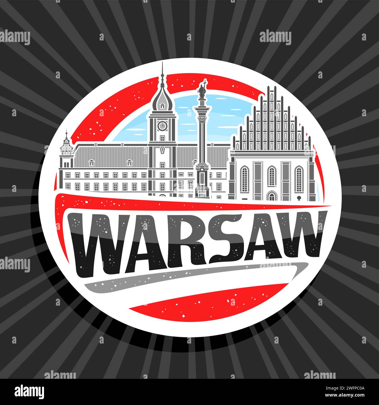 Logo vectoriel pour Varsovie, étiquette décorative blanche avec illustration de contour du paysage de la ville européenne de varsovie sur fond de ciel de jour, réfrigérateur de conception d'art ma Illustration de Vecteur