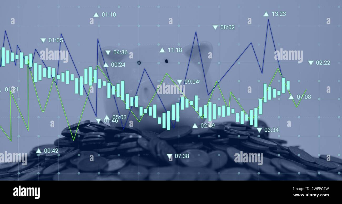 Les données financières recouvrent une pile de pièces, indiquant une analyse économique Banque D'Images