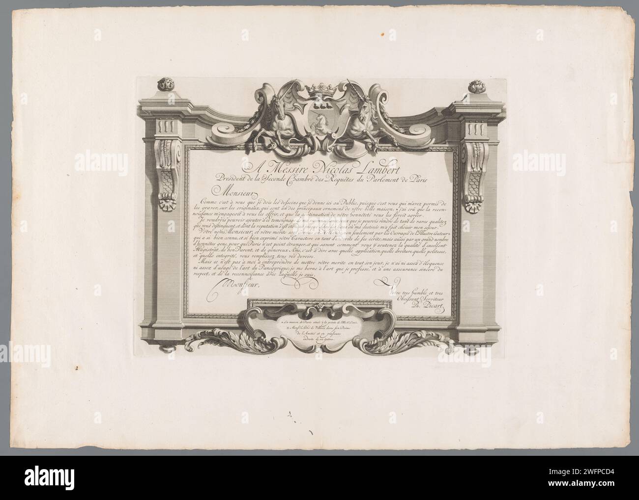 Cession à Nicolas Lambert dans un cadre ornemental, Bernard Picart, tirage 1713 - 1719. Feuille texte texte français dans lequel Bernard Picart dédie une série d'estampes à Nicolas III Lambert. Au milieu du cadre ornemental, les armoiries de Nicolas Lambert. Cession appartenant à une série de gravures sur le plafond peint de Charles le Brun dans la galerie Hercule de l'Hôtel Lambert à Paris. Imprimeur : Amsterdampublisher : Amsterdampublisher : Paris papier gravure / gravure ornements  art. Armoial Bearing, Heraldry Lambert Hotel Banque D'Images