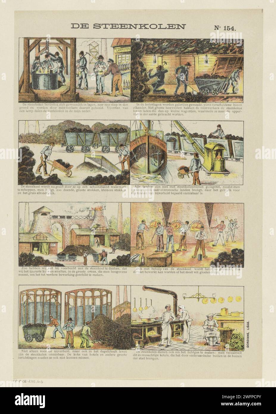 De Staalsolen, 1894 - 1959 imprimer feuille avec 8 représentations sur la victoire et l'utilisation du charbon. Une légende sous chaque image. Numéroté en haut à droite : no 154. Gaz d'impression typographique sur papier pour volets extrait du charbon. combustion en tant que processus : charbon. mine (+ lignite, lignite). mineur (+ lignite, lignite). carrière (+ charbon) Banque D'Images