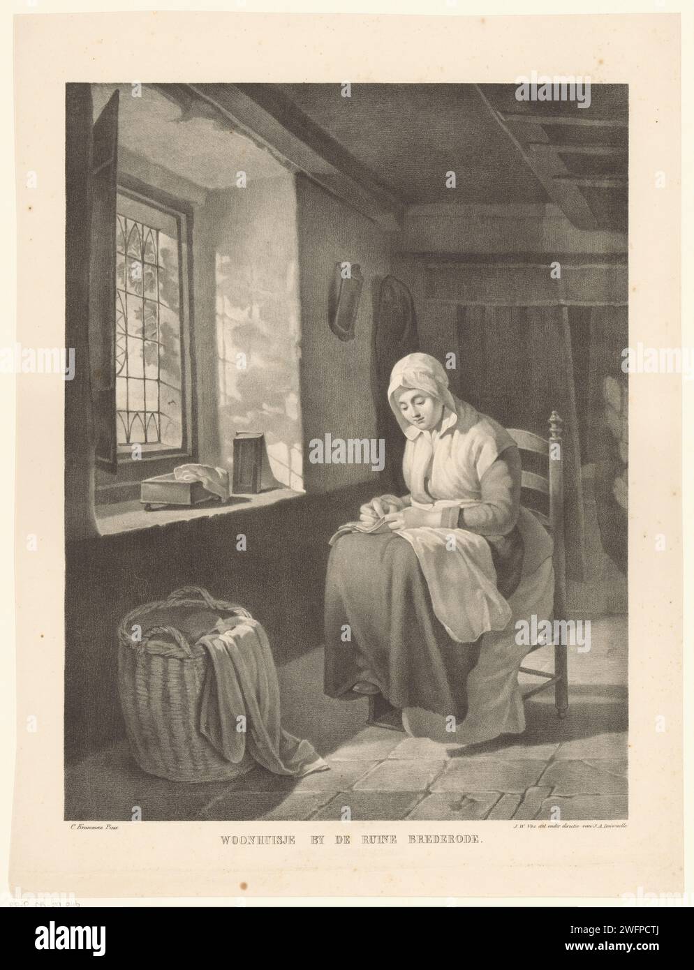 Femme avec de l'artisanat à une fenêtre, Joannes Willem vos, d'après Cornelis Kruseman, 1828 - 1853 imprimer Une femme est assise sur une fenêtre avec de l'artisanat sur les genoux. En face d'elle est un panier qui pend à un tissu ou un vêtement. Figure assise en papier des pays-Bas - AA - figure humaine féminine. Entretien et lavage des vêtements ; ruine de couture maison du château de Brederode Banque D'Images