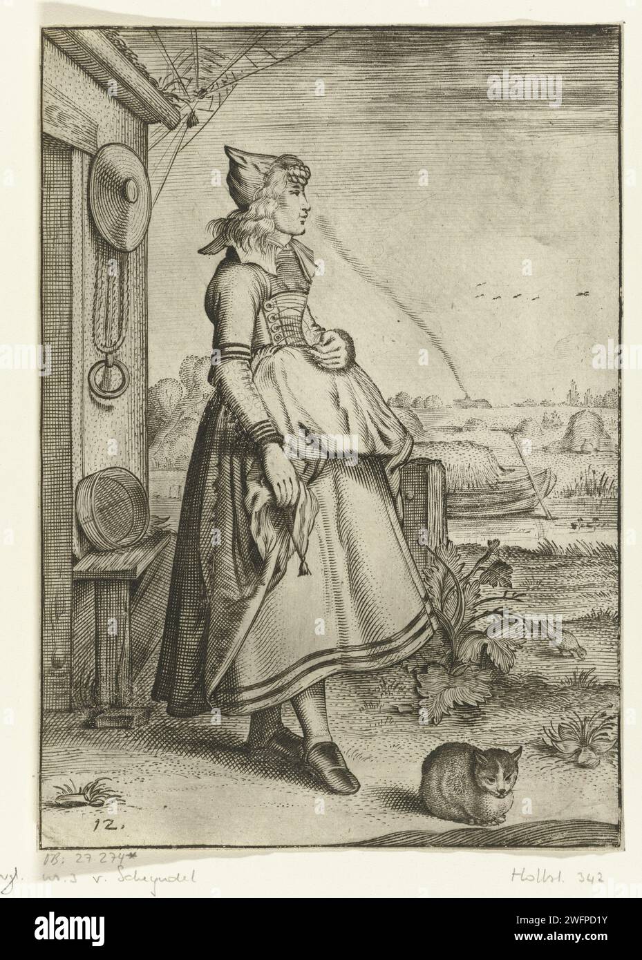 Habitus et cultus Mathematical nobilu et Rusticarum (vêtements et manières de Noblewomen et de femmes du comté), Adriaen Matham (peut-être), d'après Willem Pietlem Pietwech, 1619 - 162 agricultrices fille de Hoorn dans une maison. Un chat à ses pieds. En arrière-plan un hooischuit. Costume folklorique de gravure de papier Haarlem, costume régional. cat. Européens (avec NOM) Hoorn (Hollande du Nord) Banque D'Images