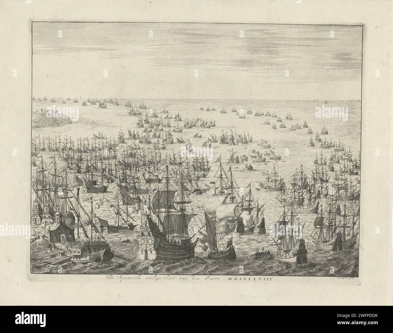 Chute de l'Armada espagnole, 1588, Jan Luyken, 1679 - 1684 Imprimer chute de l'Armada espagnole ou flotte invincible, entre le 31 juillet et le 12 août 1588. Bataille maritime entre les flottes espagnole et anglaise et néerlandaise combinées dans le canal. Au premier plan, une grande frégate espagnole est tirée par un petit navire hollandais avec la bannière de la ville de Leiden, un Galei sur la gauche. Bataille de gravure sur papier Amsterdam (+ force navale) Manche Banque D'Images