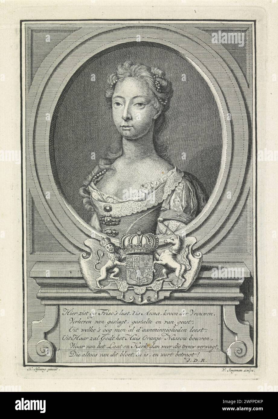 Portrait d'Anna van Hannover, Wouter Jongman, d'après Hans Hysing, 1734 - 1744 tirage Portrait d'Anna dans un ovale. Au milieu de son arme avec une couronne, un lion et une licorne. Six lignes de texte néerlandais sur un piédestal. Amsterdam gravure / gravure sur papier Banque D'Images