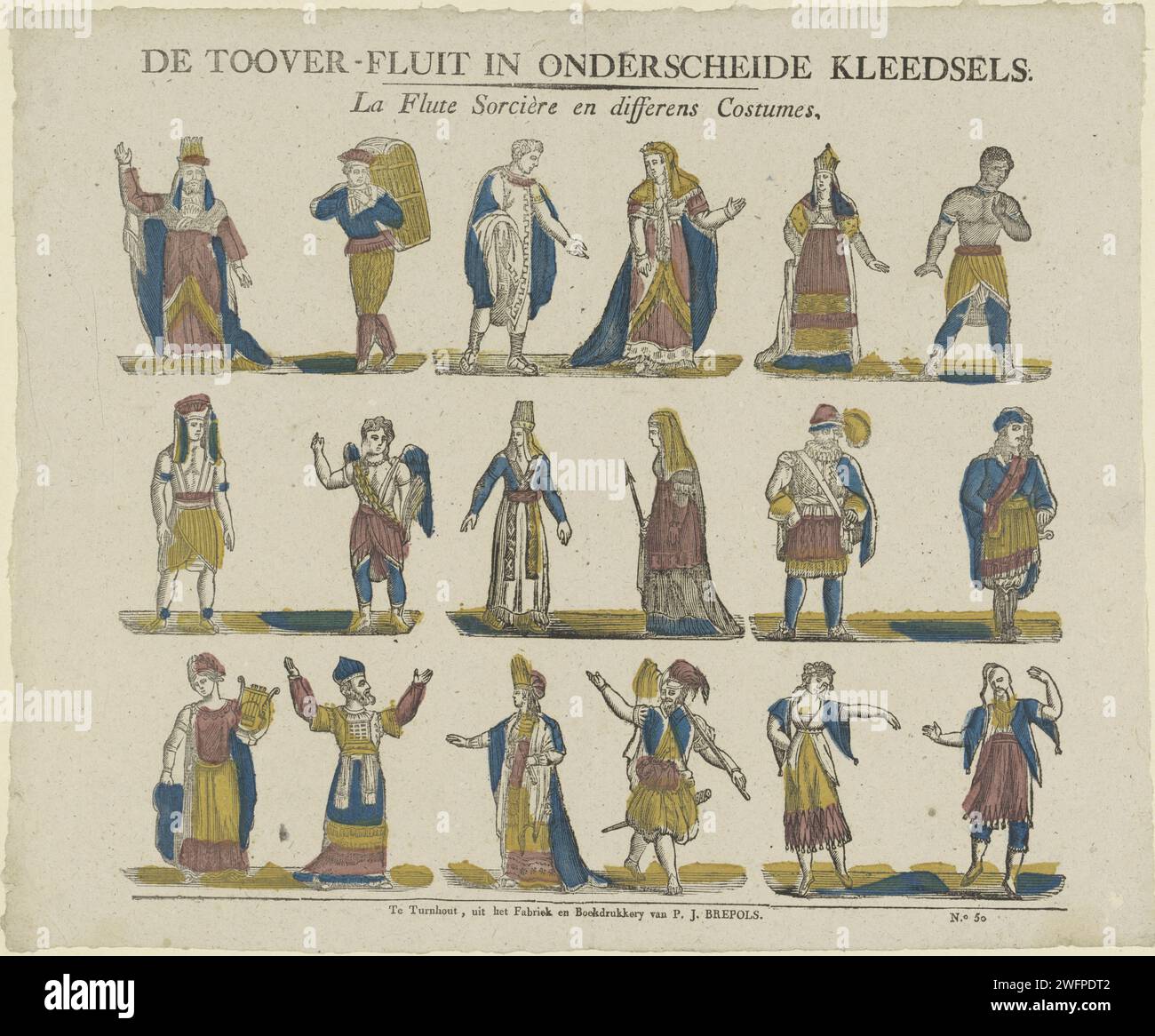 La flûte toover en vêtements partscheid / la flûte sorcière et costumes Differens, 1800 - 1833 print feuille avec 3 rangées horizontales chacune avec six personnages de l'opéra la flûte magique (Die Zauberflöte) dans une rangée. Numéroté ci-dessous : n° 50. Impression typographique papier Turnwood Opera-Singer (masculin). chanteur d'opéra (féminin). costume de scène Banque D'Images