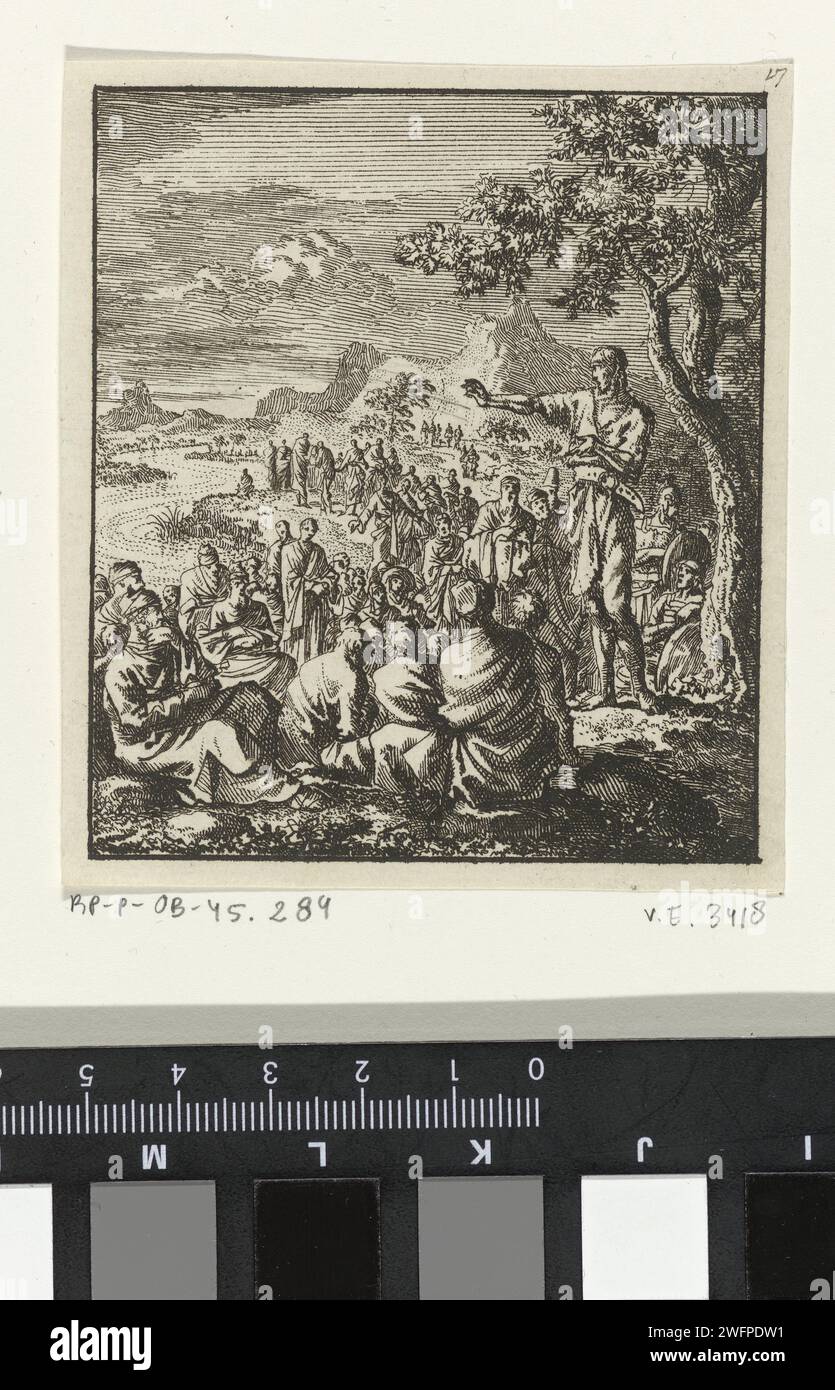 Prédication de Jean le Baptiste sur les rives du Jordaan, Jan Luyken, 1706 imprimer Amsterdam paper gravure Jean le Baptiste disputant Banque D'Images
