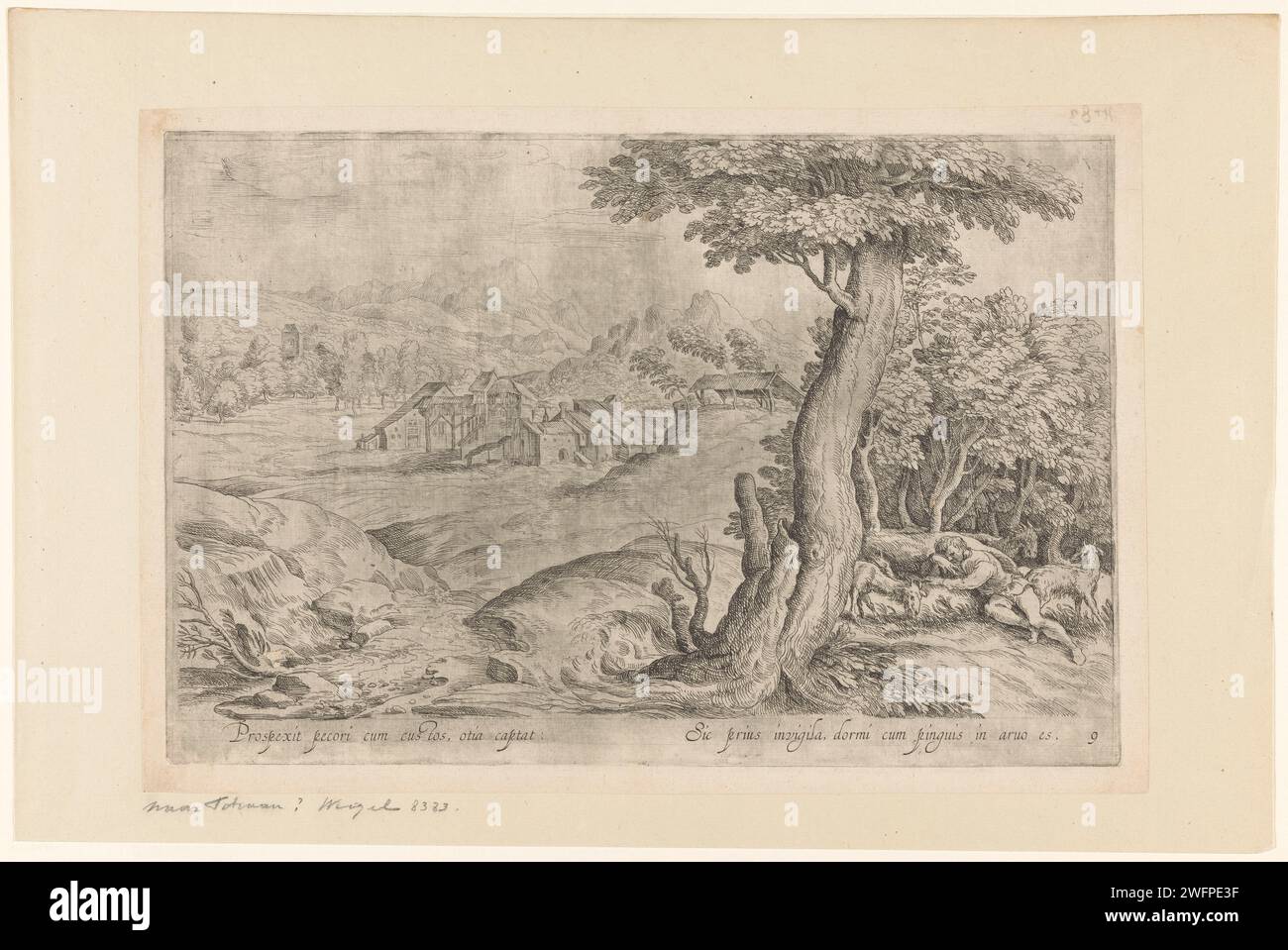 Paysage avec Herder endormi, Anonyme, d'après Domenico Campagnola, d'après Titien, c. 1600 - c. 1699 impression paysage large avec des collines et quelques maisons. Au premier plan à droite un berger endormi et ses chèvres de troupeau. Titre en latin en STUDMARGE. Numéroté ci-dessous : 9. Italie gravure de papier endormi ; inconscience. paysages. troupeaux, bergers, bergers, bergers, bergers, bergers, vache, etc. troupeau, troupeau Banque D'Images