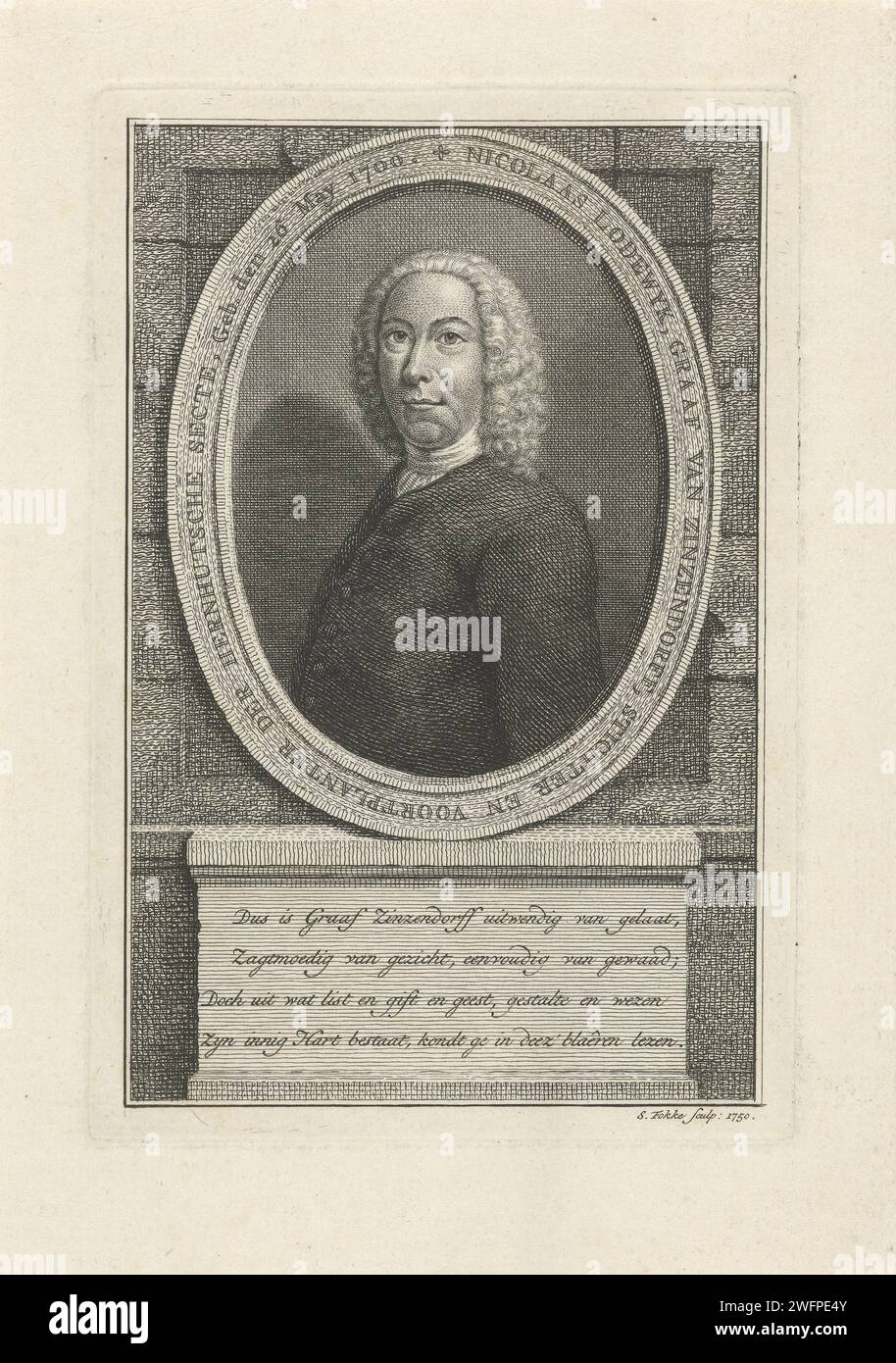 Portrait de Nicolaas Lodewijk, comte de Zinzendorff, Simon Fokke, 1750 tirage Portrait buste à Ovaal par Nicolaas Lodewijk, comte de Zinzendorff, à gauche. Autour du portrait se trouve un script de bordure et quatre lignes de texte sous le portrait, tous deux en néerlandais. Amsterdam papier gravure personne historique (avec NOM) Banque D'Images