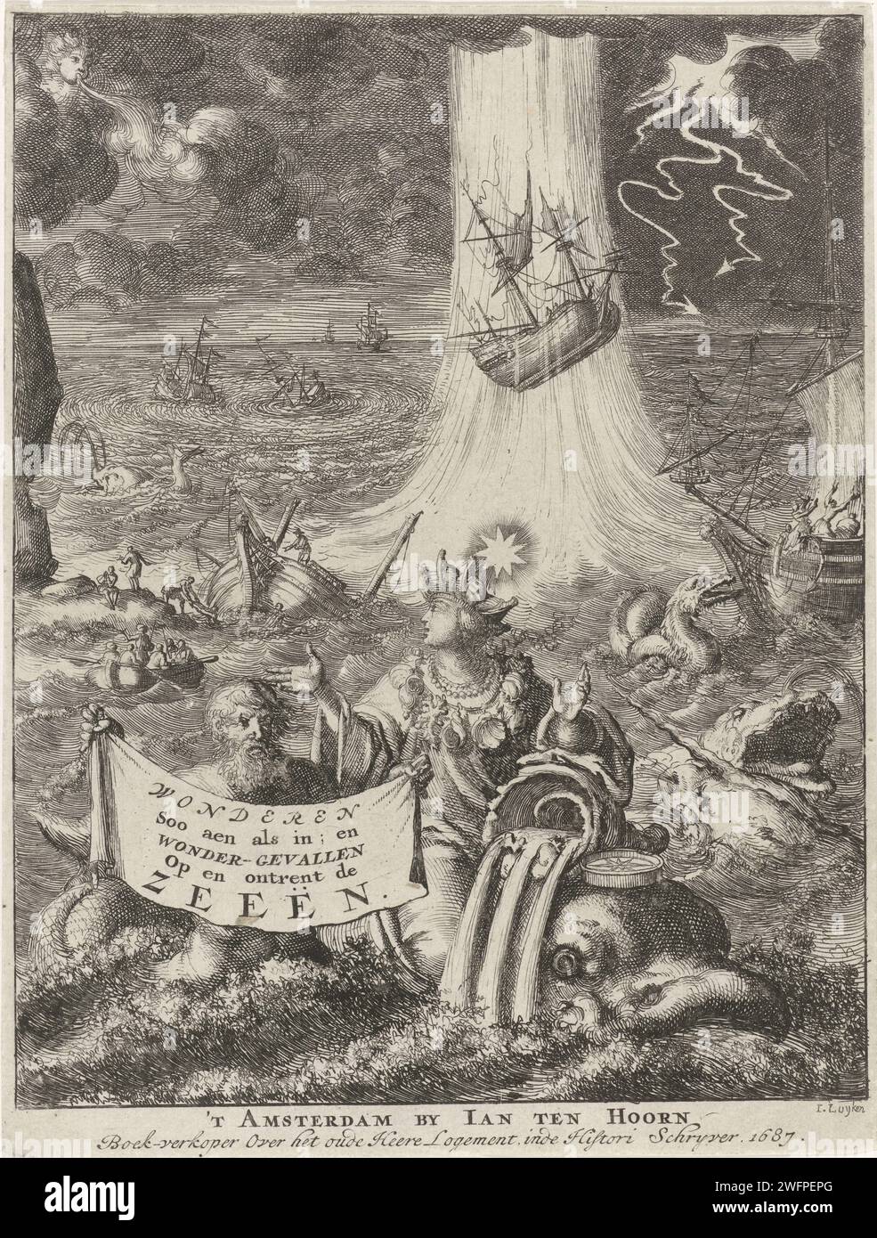 Figure féminine allégorique avec couronne de navire et un triton sur la mer sauvage, Jan Luyken, 1687 print Amsterdam papier gravure triton(s). mer personnifiée ; 'Mare' (Ripa) (+ variante). monstres de la mer. tourbillon, cyclone, ouragan, typhon, tornade en mer. naufrage Banque D'Images