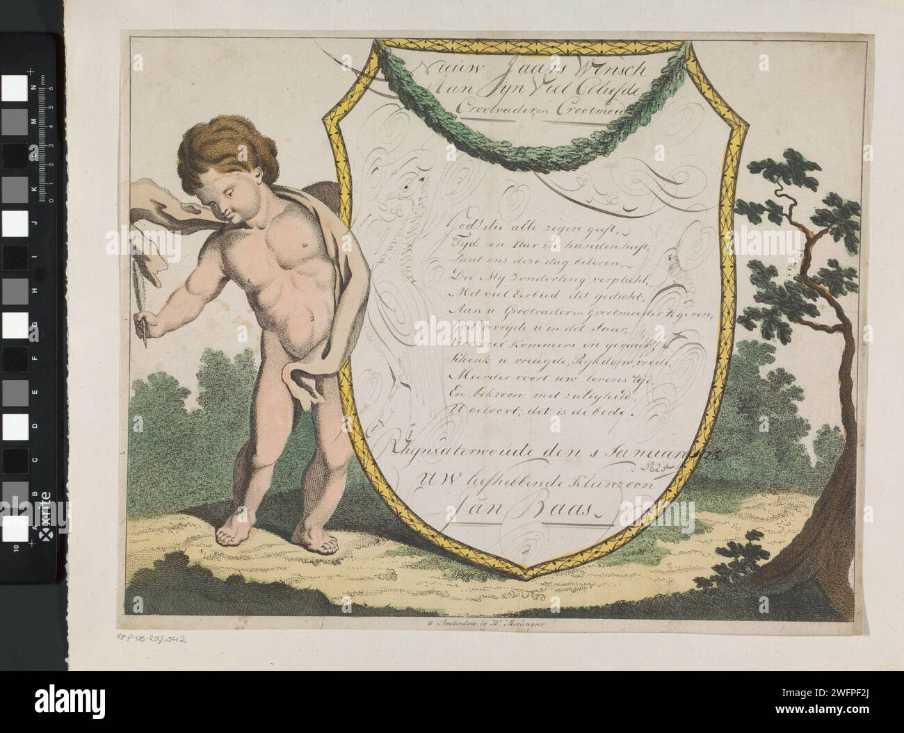 Lettre de souhait avec grand putto avec bouclier, 1792 - 1847 imprimer lettre de souhait avec cartouche décrit dans un cadre décoratif avec une représentation d'un grand putto avec bouclier. Message manuscrit en calligraphie (souhait du nouvel an) de Jan Baas à son grand-père et à sa grand-mère. Editeur : Amsterdamprint Maker : papier néerlandais. Gravure à l'encre / stylo Cupids : 'Amores', 'Amoretti', 'Putti' Banque D'Images