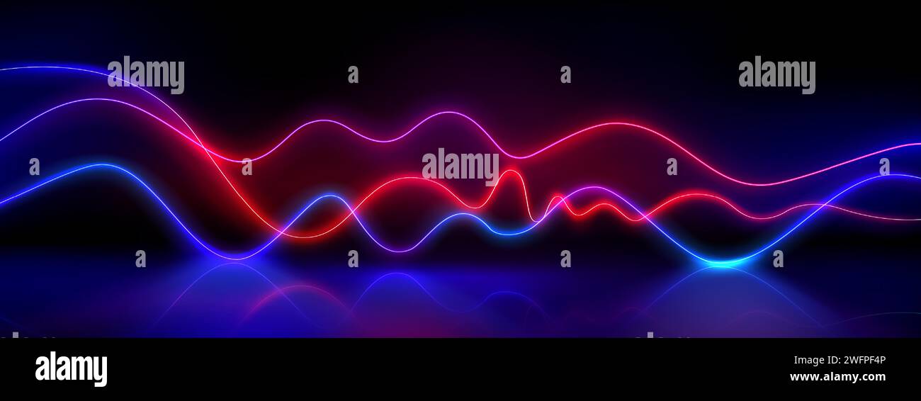 Lignes abstraites de vague de néon sur fond noir. Illustration réaliste vectorielle de courbes de lumière rouge et bleue brillant sur scène sombre avec réflexion sur sol brillant, éclairage LED, décoration de discothèque Illustration de Vecteur