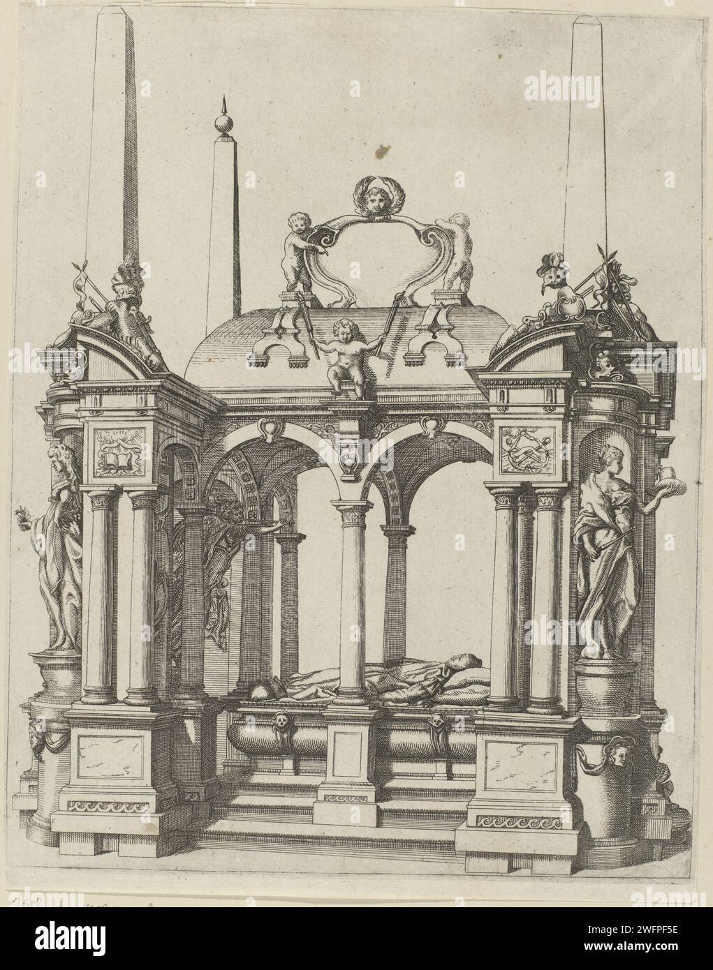 Graftombe de Willem Ier, Prince d'Orange, 1623, Anonyme, 1631 estampe Graftombe ou Praalgraf de Willem Ier dans la Nieuwe Kerk à Delft, achevée en 1623. Vu de côté avec l'image du prince couché. Imprimeur : Low CountriesPublisher : Amsterdam gravure papier tombe-bâtiment, tombe monumentale. intérieur de l'église. Personnes historiques Nouvelle église. Delft Banque D'Images