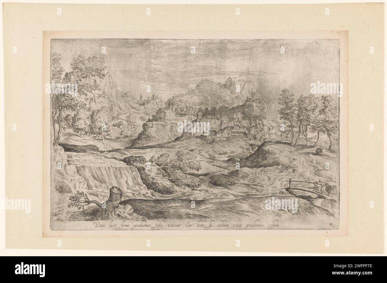 Paysage vallonné avec mâle sur le pont, anonyme, d'après Domenico Campagnola, d'après Titien, c. 1600 - c. 1699 imprimer paysage vallonné avec un rapide et des bâtiments. Au premier plan à droite un homme sur un petit pont. Titre en latin en STUDMARGE. Numéroté ci-dessous : 11. Italie papier gravure des paysages. rapids Banque D'Images