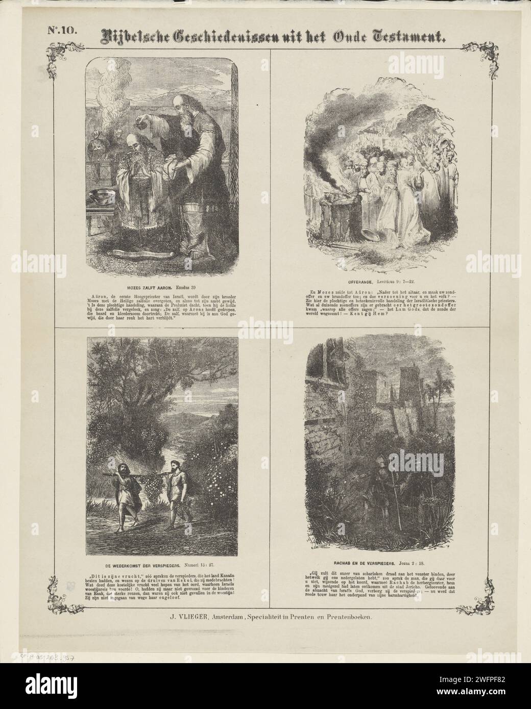 Histoires bibliques de l'ancien Testament, 1871 - 1908 imprimer feuille avec 4 représentations d'histoires de l'ancien Testament. Mozes pommade Aaron, Aaron offre des sacrifices, deux scouts reviennent de Canaan avec des fruits et restrostrobe et les scouts. Le texte biblique correspondant sous chaque image. Numéroté en haut à gauche : n° 10. Impression typographique papier Amsterdam ancien Testament. Aaron et ses quatre fils sont ordonnés par Moïse (Lévitique 8). Aaron offre des sacrifices (Lévitique 9). Les espions emportent certains des fruits de Canaan et reviennent, portant généralement une grande grappe de raisins sur un poteau Banque D'Images