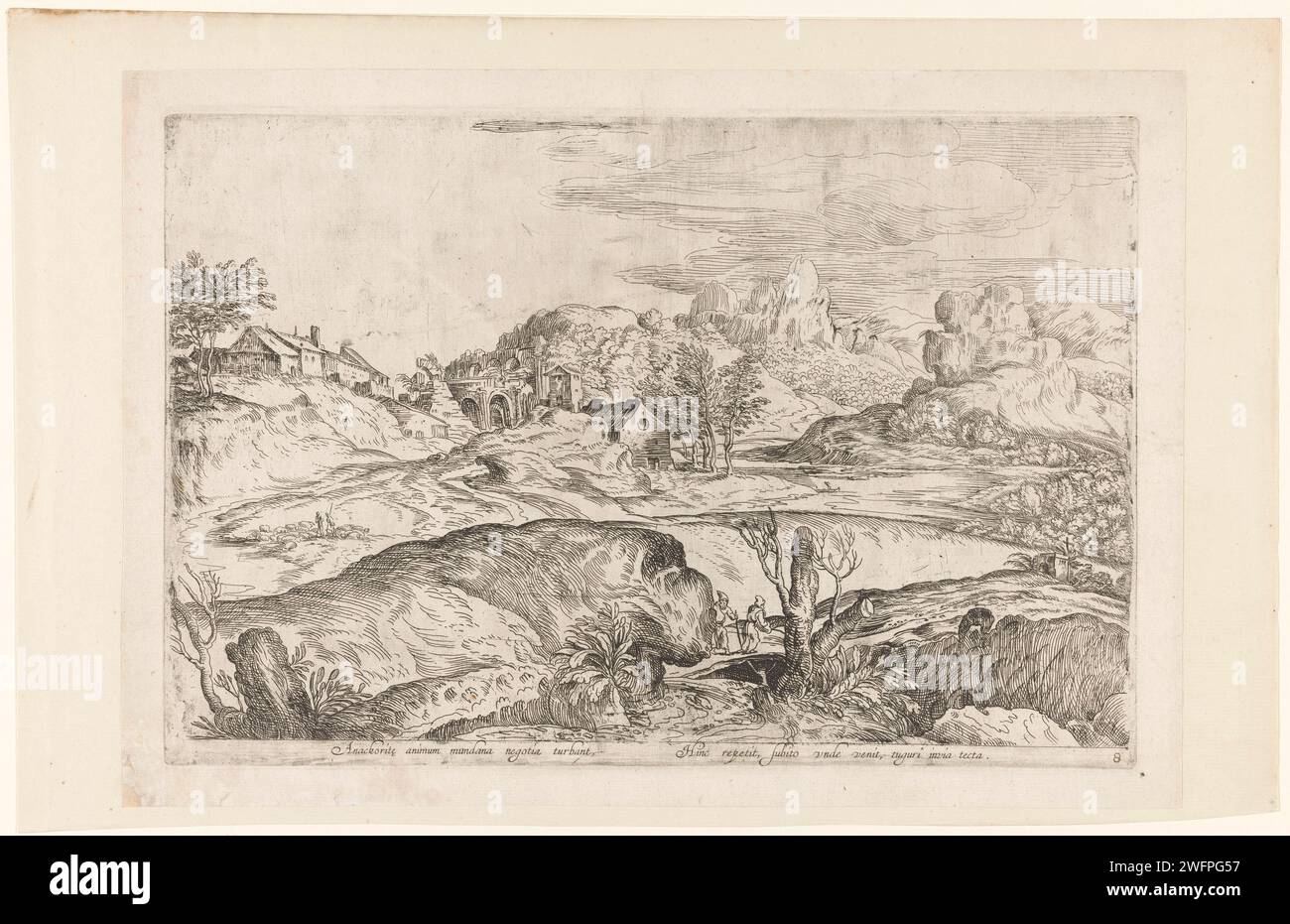 Paysage avec deux pèlerins, Anonyme, d'après Domenico Campagnola, d'après Titien, c. 1600 - c. 1699 impression paysage vallonné avec un village sur la gauche. Au premier plan à droite deux pèlerins. Titre en latin en STUDMARGE. Italie papier gravure des paysages. pèlerin(s). pèlerinage, pèlerin(s) en cours Banque D'Images