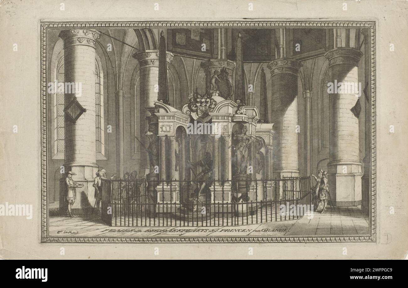 Graftombe de Willem I, Prince d'Orange, 1623, Anonyme, 1700 - 1799 tirage Graftombe ou Praalgraf de Willem I dans la Nieuwe Kerk à Delft, achevé en 1623. Vu de face avec l'image du prince assis. Avec le cadre. Bas pays gravure papier construction de tombes, tombe monumentale. intérieur de l'église. Personnes historiques Nouvelle église. Delft Banque D'Images