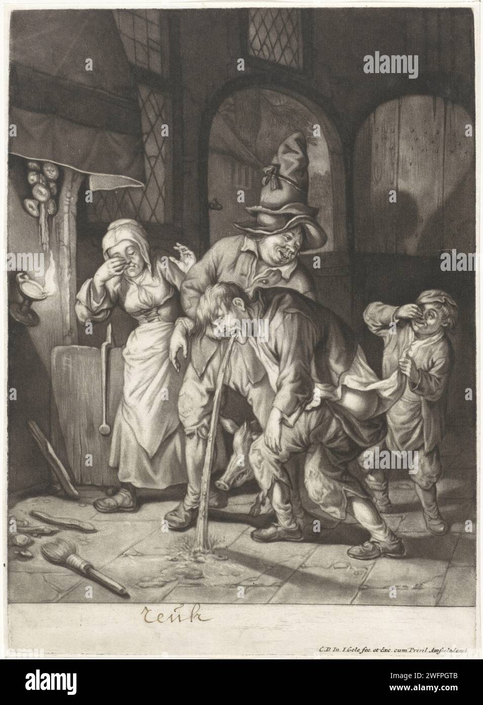 De Schuk, Jacob Gole, d'après Cornelis Dusart, 1670 - 1724 imprimer Un homme avec un pantalon demi-taille transmet dans une cuisine. Un garçon et une femme se saisissent le nez pour éloigner l'odeur. L'estampe fait partie d'une série de cinq estampes avec les cinq sens. Imprimeur : Amsterdamafter print by : Haarlempublisher : Amsterdam paper graving vomissement. sentir, sentir (un des cinq sens). cochon Banque D'Images