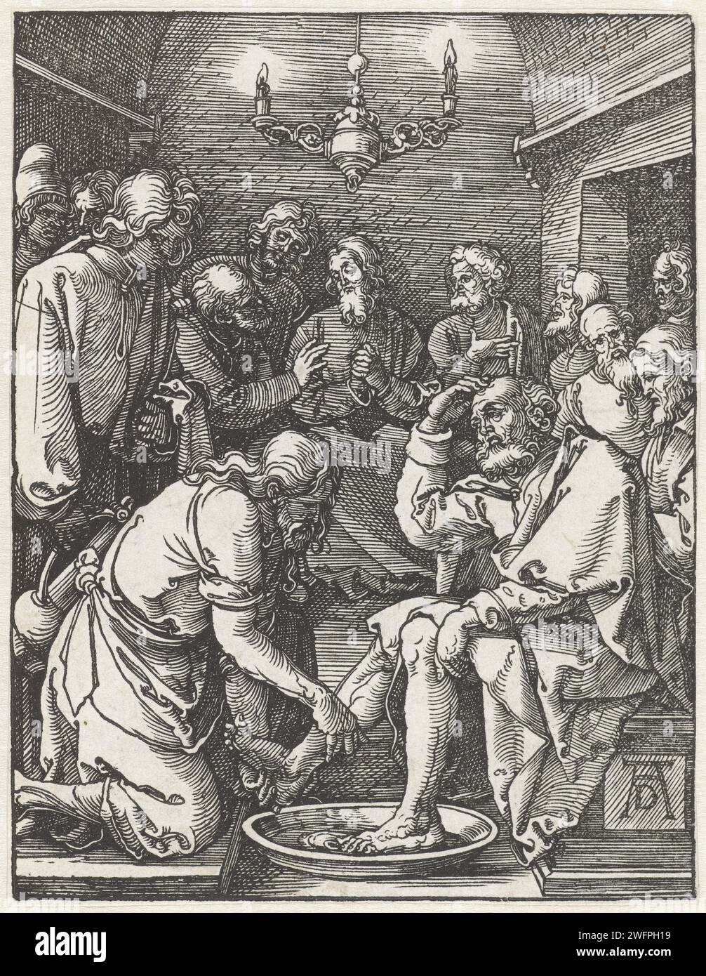 Voetwassing, Albrecht Dürer, 1508 - 1509 print le Christ lave les pieds du disciple Pierre. Les disciples restants sont autour d'eux. Ce tirage fait partie de la série de presse 'de Kleine Passie', composée d'un tirage titre et de 36 scènes bibliques (principalement de l'histoire de la souffrance). Papier de Nuremberg Christ lave les pieds de Pierre Banque D'Images