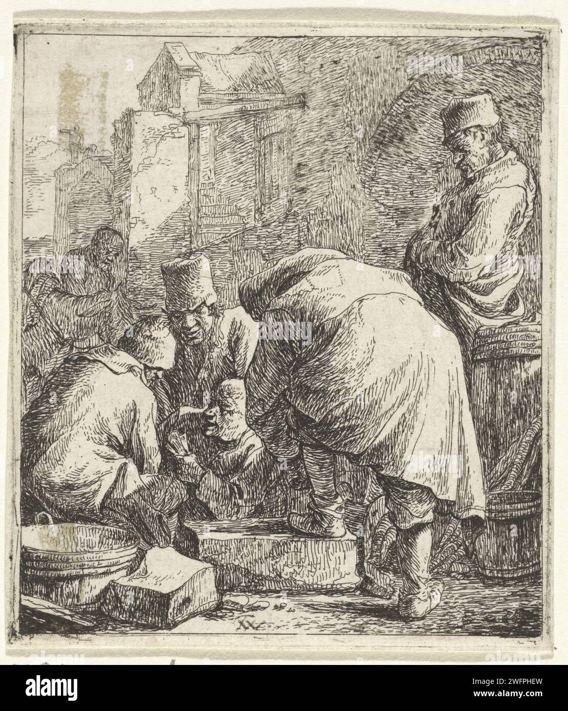 Homme noue ses lacets, Thomas Wijck, 1626 - 1677 imprimer un groupe d'hommes dans la rue. L'un d'eux, vu sur le dos, se penche avec son pied sur une élévation et noue ses lacets. dentelle de gravure de papier Banque D'Images