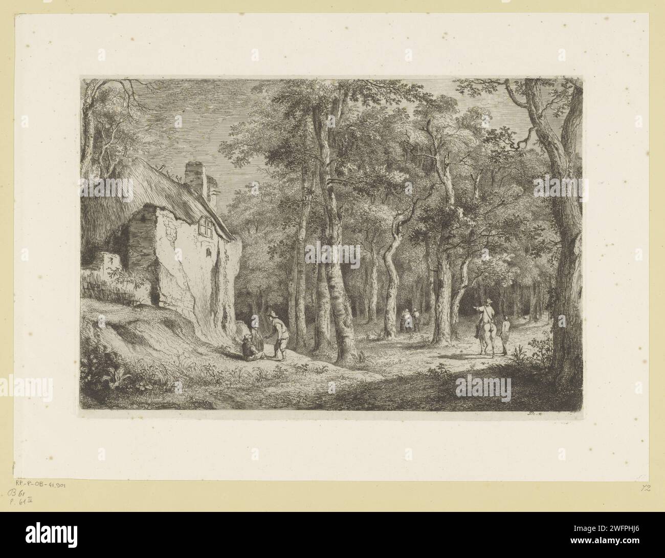 Paysage forestier avec des figures dans une maison, Jean Jacques de Boissieu, 1772 print France papier. gravure forêt, bois. paysages (+ paysage avec figures, personnel) Banque D'Images