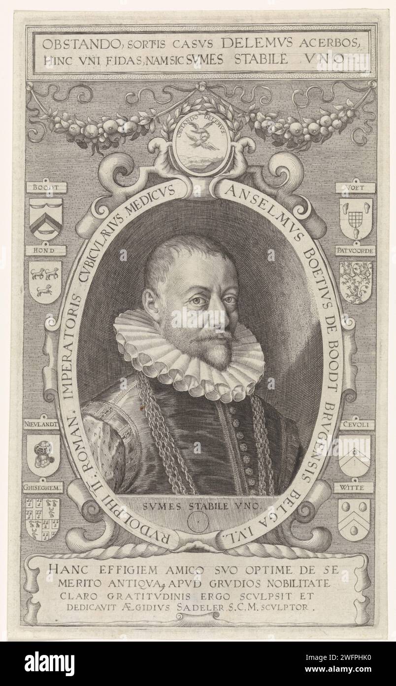 Portret Van Anselm Boëtius de Boodt, Giles Sadeler (2), 1597 - 1629 print Anselmus Boëtius de Boodt, médecin personnel de Rudolf II Autour du portrait diverses armoiries et une inscription latine, écriture sur le bord et légende avec le nom et la fonction. Prague papier gravure armorial roulement, héraldique Banque D'Images