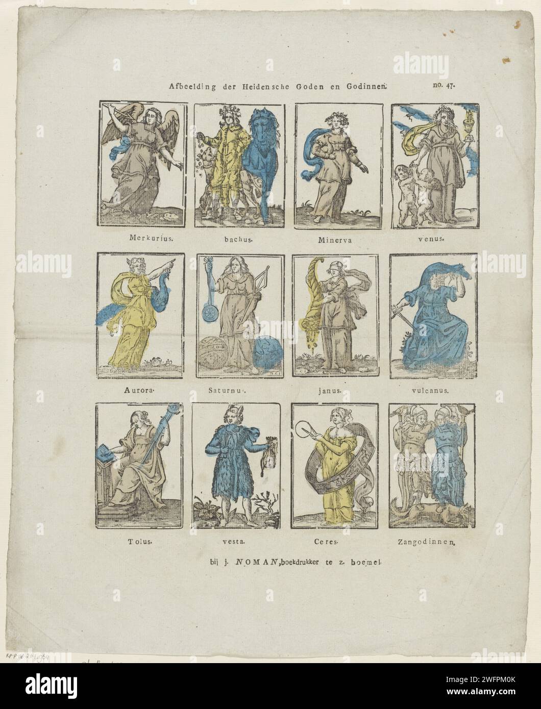 Image des dieux et déesses païens, 1806 - 1830 print feuille avec 12 représentations de figures mythologiques, y compris Mercure, Bacchus, Minerve et Vénus. Une légende sous chaque image. Numéroté en haut à droite : non 47. Imprimeur : pays-Bas Éditeur : Zaltbommel papier typographie des dieux  mythologie classique. (Histoire de) Vénus (Aphrodite). (Histoire de) Minerve (Pallas, Athéna). (Histoire de) Mercure (Hermès). (Histoire de) Bacchus (Dionysos), Liber Banque D'Images