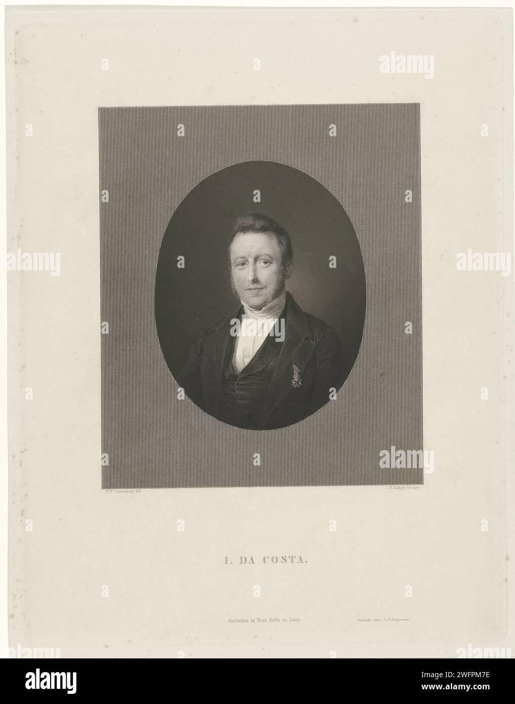 Portrait d'Isaac da Costa, Johannes Philippus Lange, d'après Henricus Wilhelmus Couwenberg, 1848 tirage Portrait buste ovale à gauche d'Isaac da Costa, poète et écrivain en prose, pieds nus. gravure sur papier acier Banque D'Images