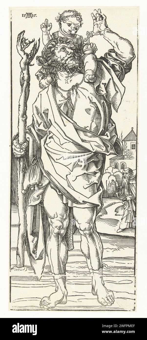 Saint Christoffel porte l'enfant Christ, Albrecht Dürer (École de), 1595 - 1605 print Saint Christoffel pataugeait dans une rivière avec un bâton dans la main droite et l'enfant Christ sur les épaules. Sur la rive est un ermite avec une lampe. Nuremberg papier St. Christopher, avec le Christ enfant sur ses épaules, pataugeant dans l'eau et portant son bâton (palmier) ; parfois un ermite se tient sur la rive plus loin à côté d'une chapelle, une lanterne à la main Banque D'Images