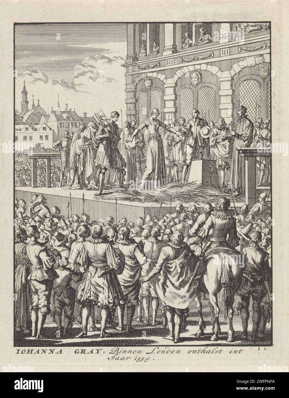 Decapitation of Lady Jane Gray in London, 1554, Jan Luyken, 1698 print Amsterdam paper graving violent Death by Beeting Tower of London Banque D'Images