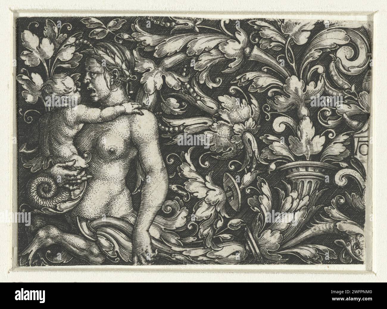Ornement avec des vignes feuilles et un triton femelle avec enfant, Heinrich Aldegrever, 1512 - 1560 imprimer Décoration plat avec des vignes feuilles, à gauche une femelle triton tient un enfant avec la queue de poisson sur le bras. Allemagne papier gravure feuillage, vrilles, branches  ornement. ornement  êtres hybrides ; formes humaines et animales mélangées Banque D'Images