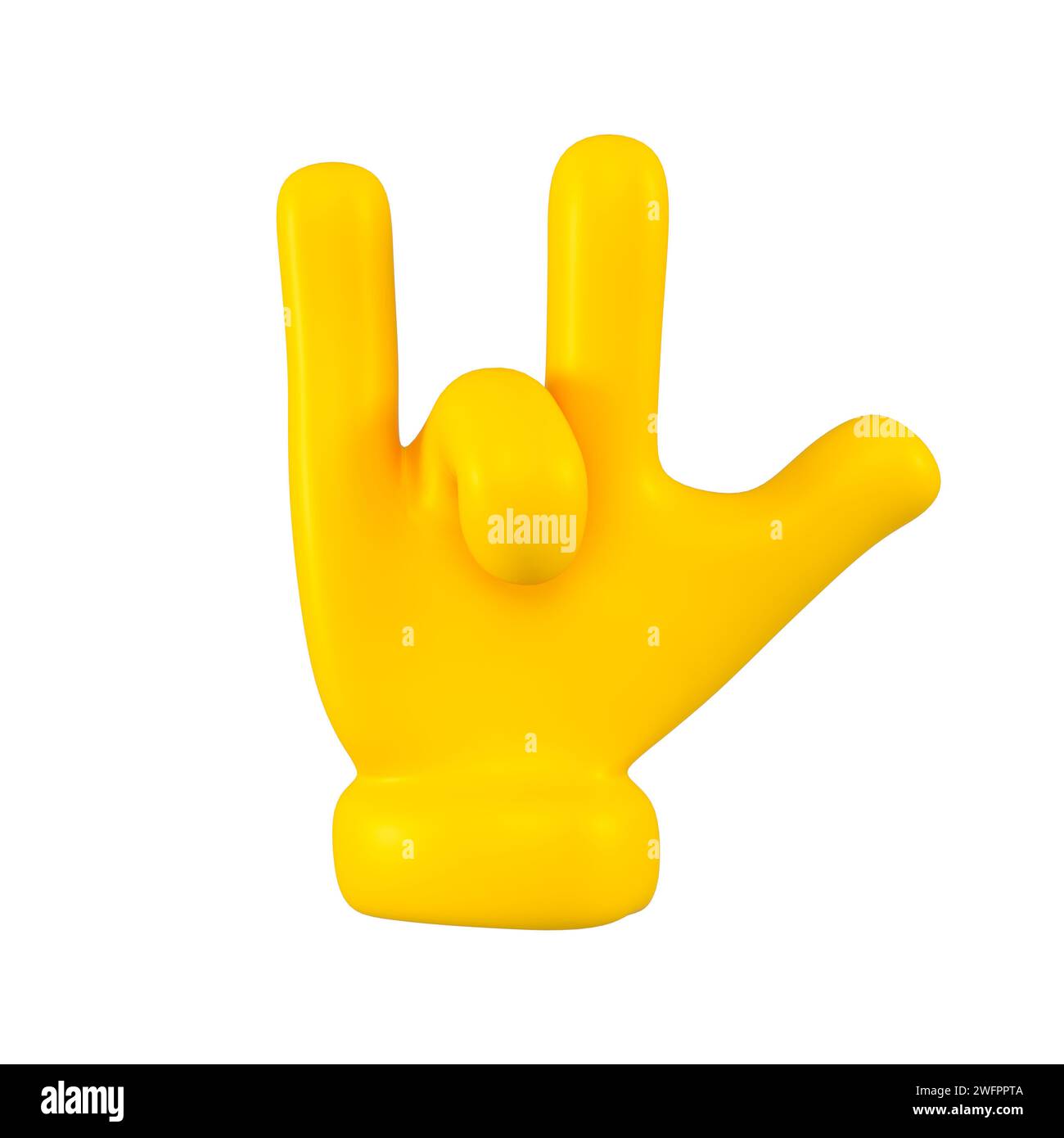Main emoji jaune montre un geste de chèvre isolé. Symbole de roche , icône et concept de signe. rendu 3d. Banque D'Images