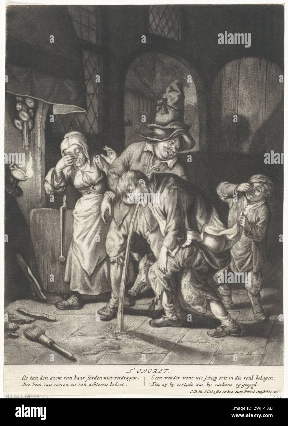 De Schuk, Jacob Gole, d'après Cornelis Dusart, 1670 - 1724 imprimer Un homme avec un pantalon demi-taille transmet dans une cuisine. Un garçon et une femme se saisissent le nez pour éloigner l'odeur. L'estampe fait partie d'une série de cinq estampes avec les cinq sens. Imprimeur : Amsterdafter print by : Haarlempublisher : Amsterdam paper gravure odeur, odeur (un des cinq sens). vomissements. cochon Banque D'Images