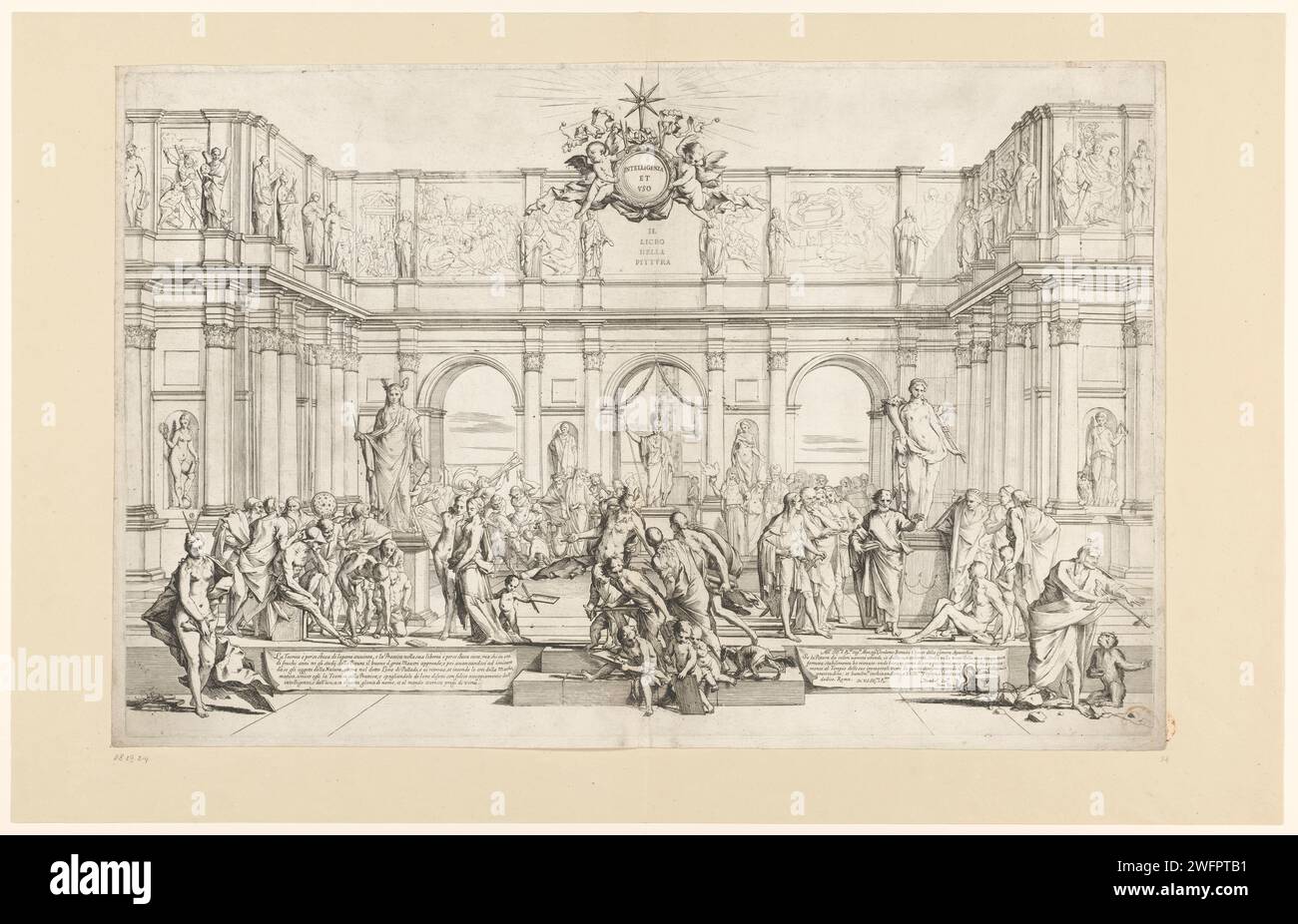 Académie de peinture, Pietro Testa, 1621 - 1650 imprimer vue d'une cour avec trois groupes d'artistes qui représentent l'imitation, l'observation et la perfection. Les artistes apparaissent pour les scientifiques. À l'extrême gauche se trouve la personnification de la théorie. A l’extrême droite se trouve la personnification de la pratique avec un singe, symbole de l’im itation. Elle s'empare aveuglément de la performance. Il y a différentes sculptures entre les figures. Papiers gauche et inférieur droit avec texte. Au milieu de deux putti qui portent un médaillon avec texte : 'Intelligenza et uzo'. Italie papier gravure academy, associati Banque D'Images