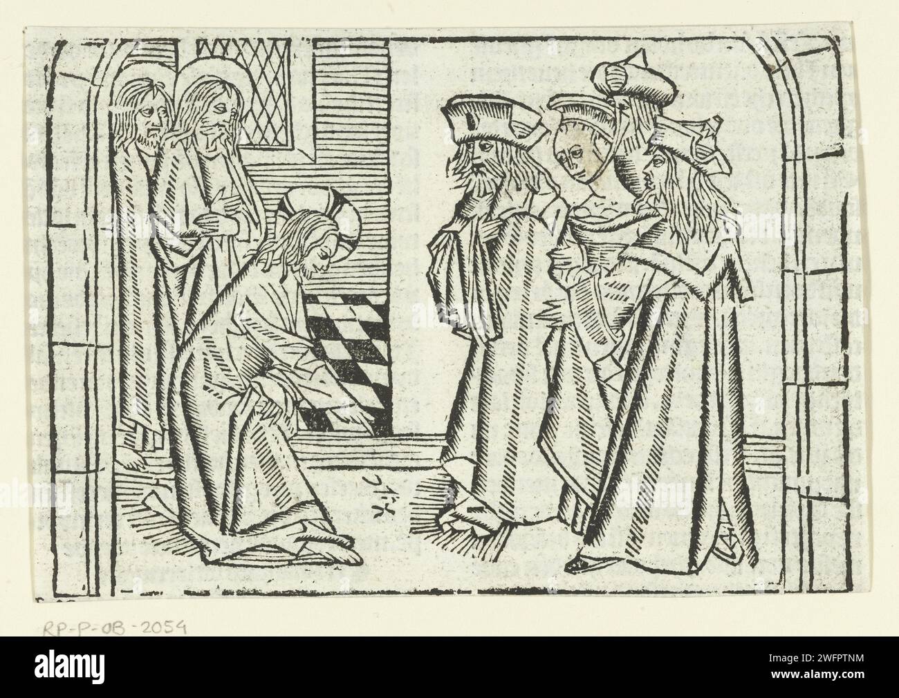 Christ et la femme adultère, Maître de Delft (attribué à), 1503 print Christ écrit avec un doigt sur le sol. Deux disciples à côté de lui. Trois pharisiens détiennent une femme adultère. Papier des pays-Bas les Pharisiens amènent une femme accusée d'adultère devant Christ (Jean 8:2-11) Banque D'Images