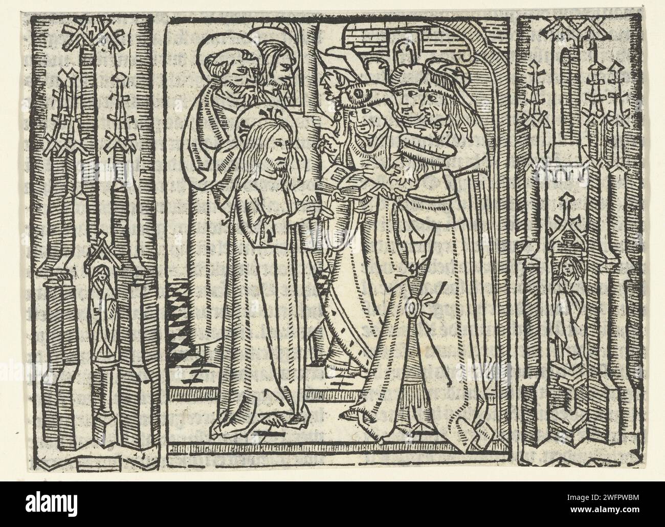 Christ en conversation avec les pharisiens dans le Temple, Maître de Delft (attribué à), 1503 impression imprimée à partir de trois blocs. Christ, Pierre et troisième disciple vers cinq scribes dans le Temple. À gauche et à droite de la performance ornementation architecturale. Les Pharisiens et les Sadducéens s'opposent au Christ dans le papier des pays-Bas Banque D'Images