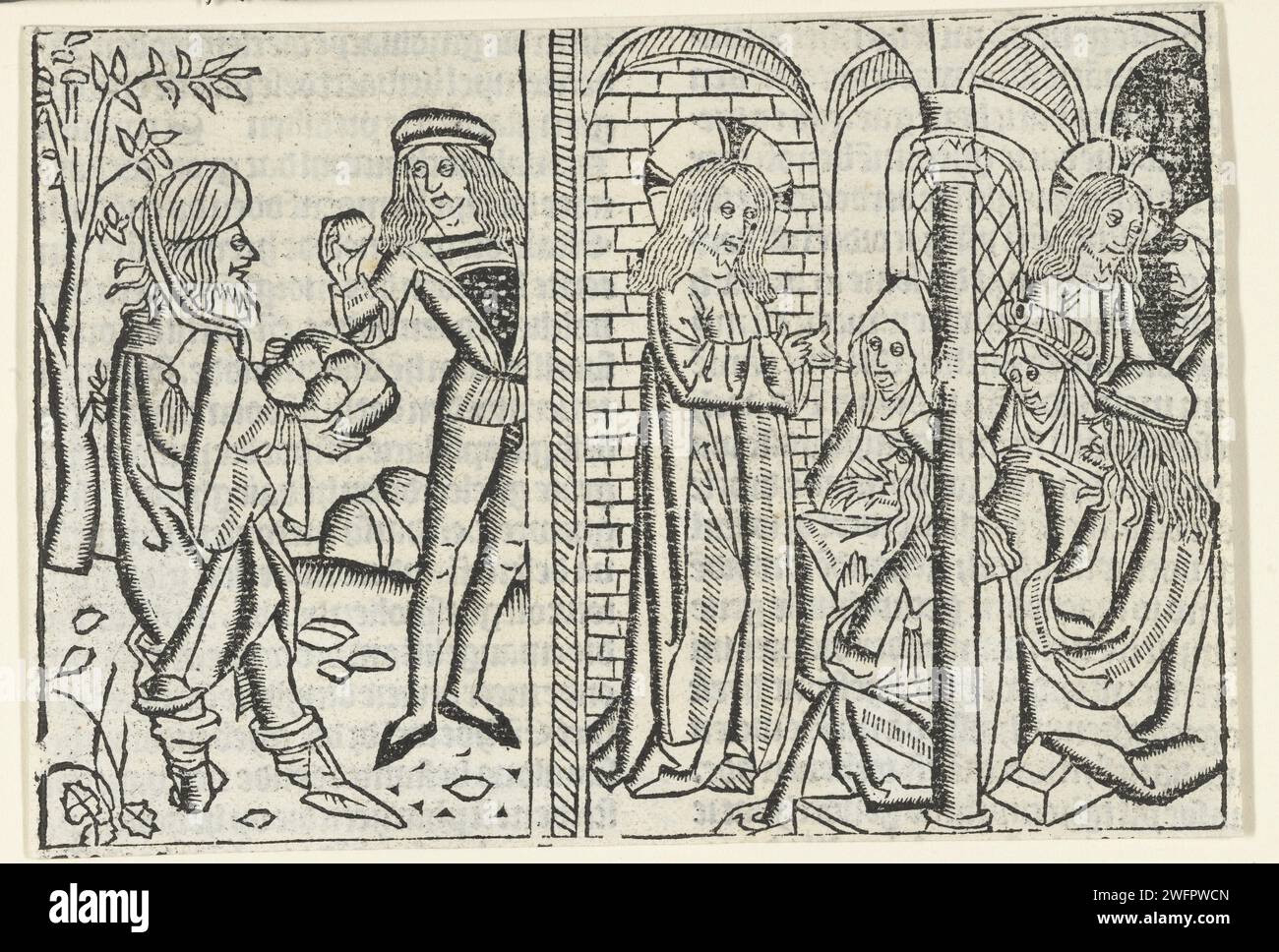 Les pharisiens veulent Christus Stenigen, Maître de Delft (attribué à), 1503 imprimer trois scènes. A gauche : deux Juifs collectent des pierres. Droite : Christ parle dans le Temple contre un groupe de personnes et Christ parle avec une seule personne. Le papier des pays-Bas tente de lapider Christ (Jean 8:59, 10:31-33) Banque D'Images