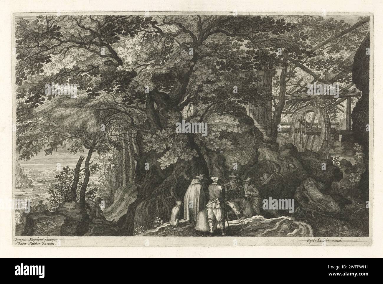 Rivière avec des rochers et un moulin à eau, Aegidius Sadeler (II), d'après Pieter Stevens (II), 1624 - c. 1650 imprimer Rivière avec des rochers. Au premier plan voyageurs à pied et à cheval. Un moulin à eau dans le fond droit. Le troisième tirage d'une série de huit parties avec des paysages en Bohème éditeur : Praagpublisher : Venise papier gravure / gravure moulin à eau. rivière (+ paysage avec figures, personnel). 'En route', voyageur en route Bohême Banque D'Images