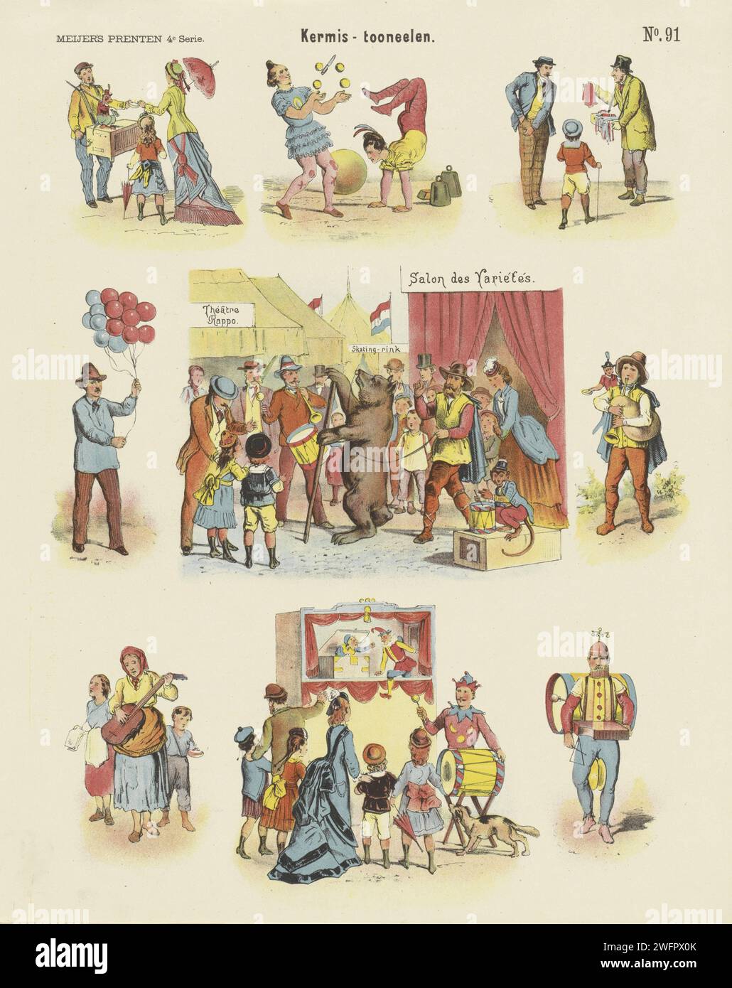 Kermis-Tooneelen, 1881 impression feuille avec 9 scènes de foire, y compris des représentations d'acrobates, d'un joueur de cornemuse et d'un théâtre de marionnettes. Numéroté en haut à droite : n° 91. Cirque d'impression typographique papier Amsterdam. acrobat  cirque. Cornemuse, musette - CC - hors portes. spectacle de marionnettes et marionnettes Banque D'Images