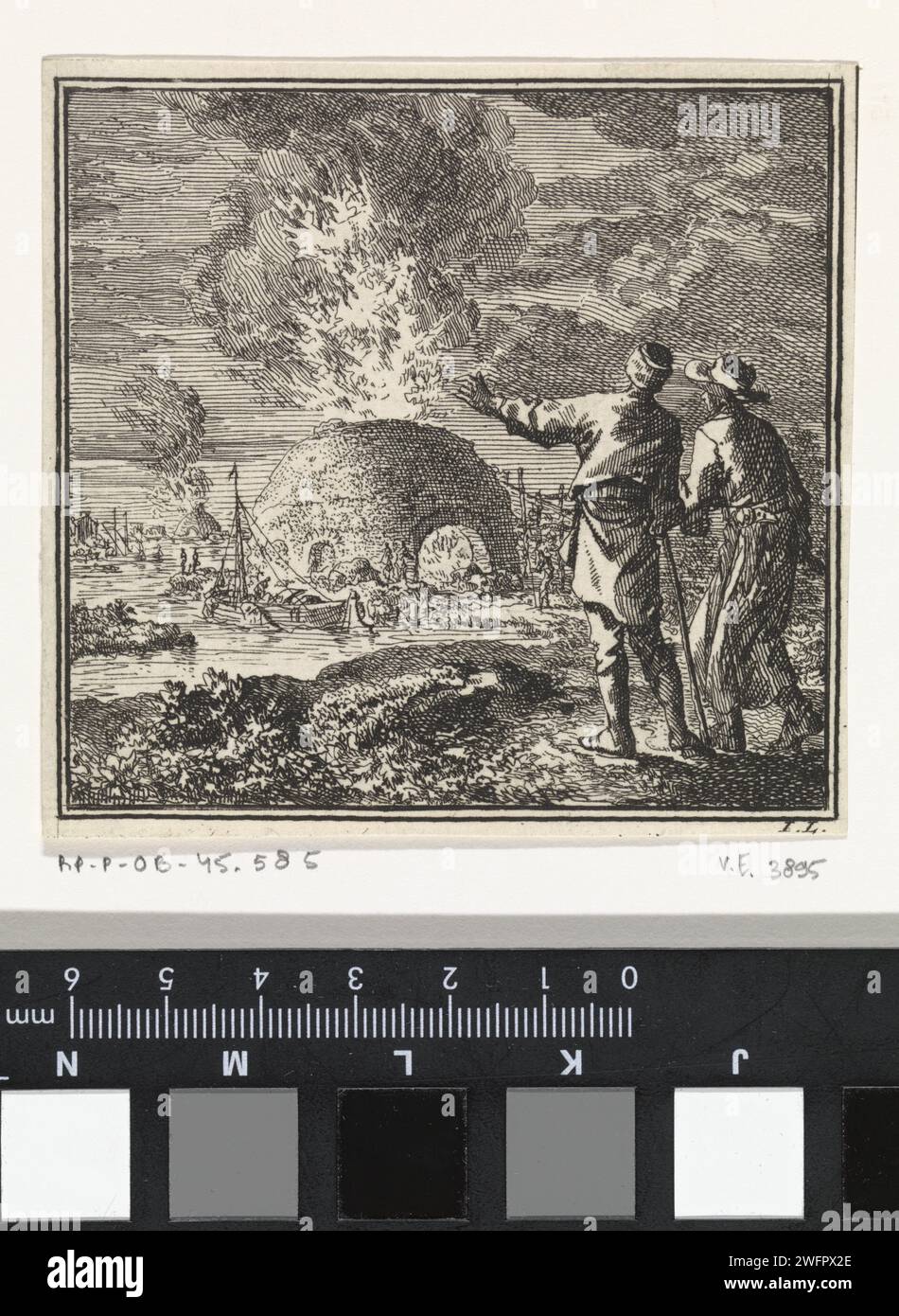 Deux hommes pointent le doigt sur un four à chaux brûlant, Jan Luyken, 1711 gravure sur papier Amsterdam Banque D'Images