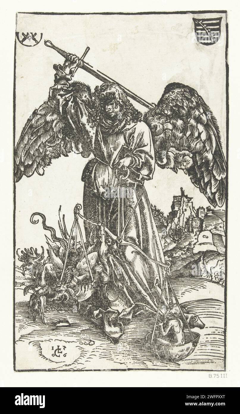 Archange Michaël tue Satan et pèse une âme, Lucas Cranach (I), 1506 imprimer l'Archange ailé Michaël lève son épée pour tuer Satan, imaginé comme un dragon. Satan est assis sur une des échelles des échelles qui est tenue par Michael, dans l'autre échelle il y a une âme d'un mort. À gauche et en haut à droite, les boucliers avec les Electoral et ducal Wapen van Saxony sont représentés. Allemagne paper psychostase, l'Archange Michael pesant les âmes dans la balance (et poignardant le diable) Banque D'Images